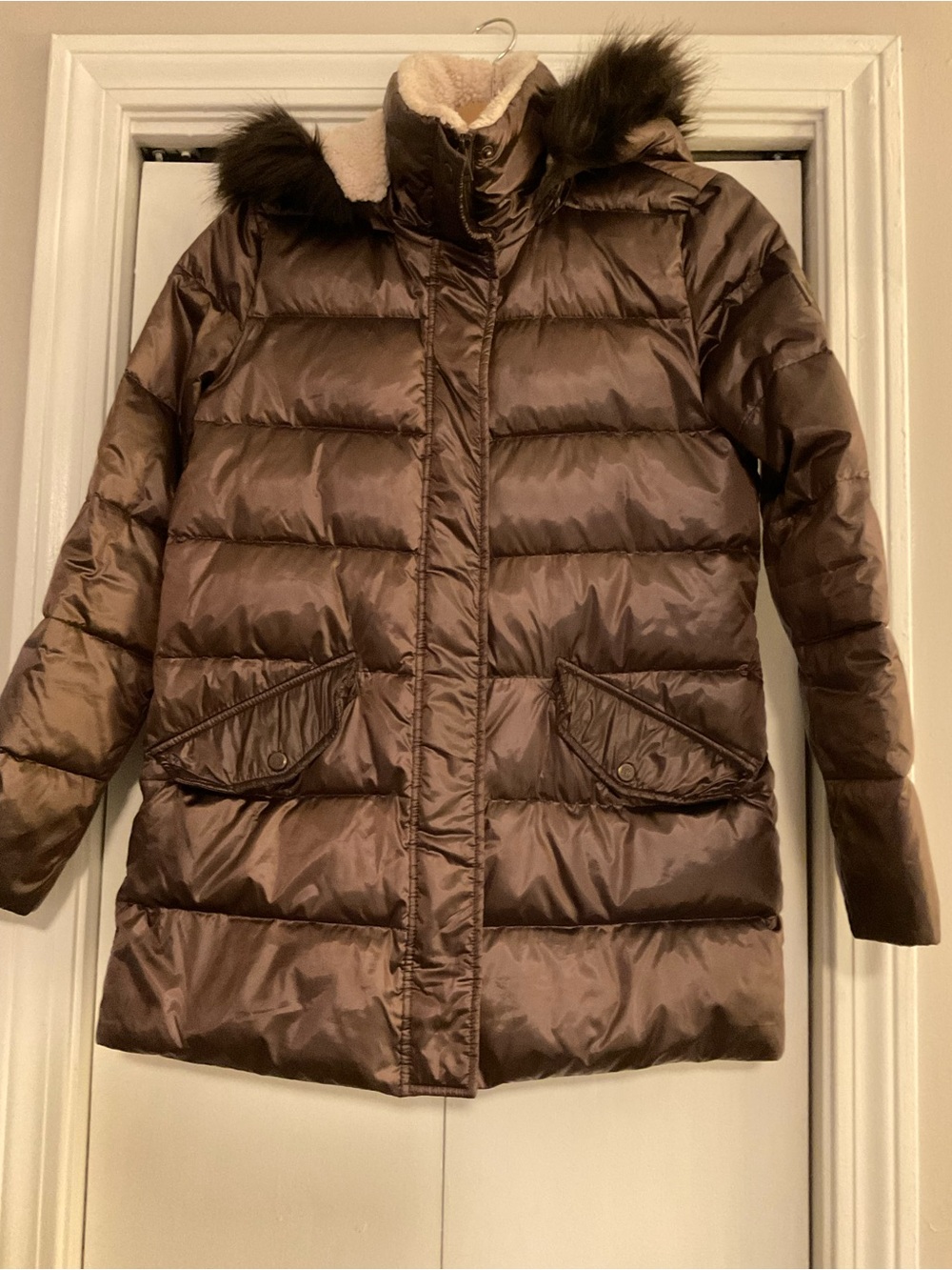 Lauren Ralph Lauren Brown Quilted Puffer Coat with Faux Fur Trim